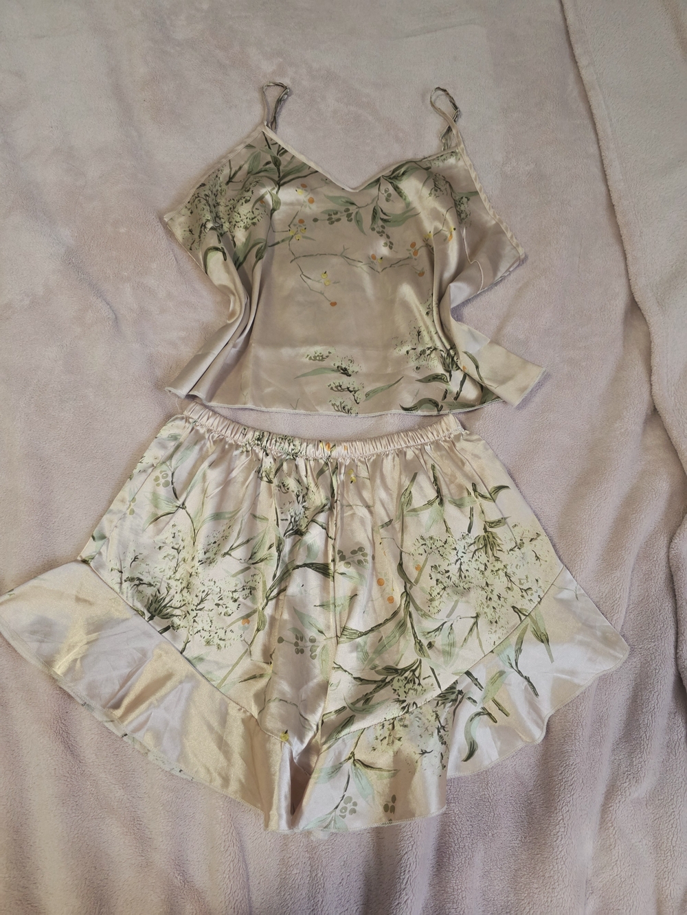 Floral Satin Cami & Shorts Set in Light Cream and Green